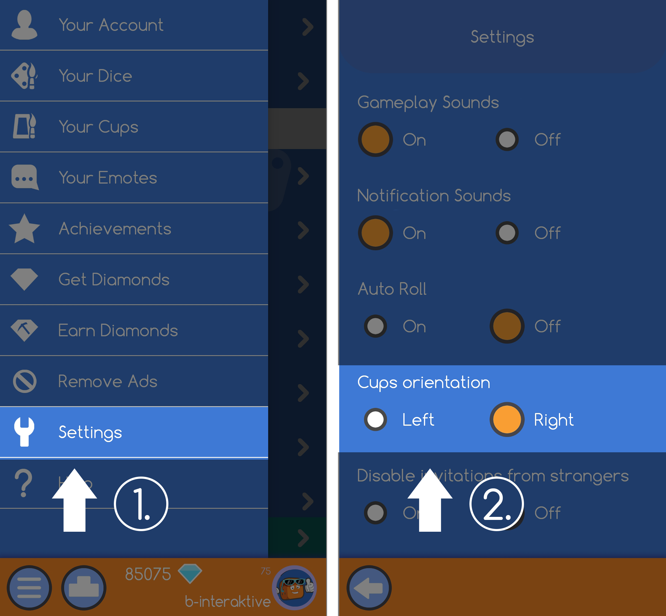 Dice Clubs Help: Left and right-handedness settings